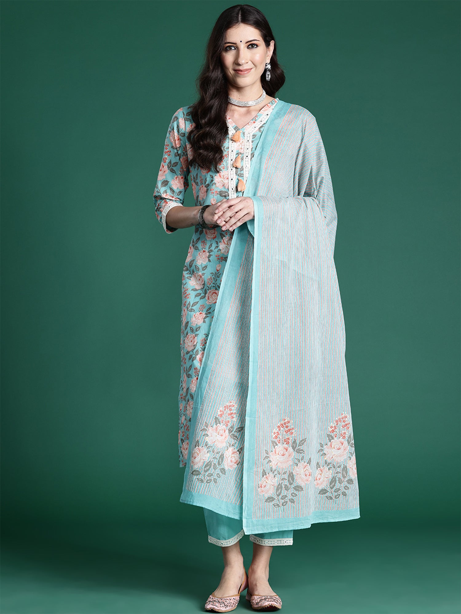 Indo Era Blue Printed Straight Kurta Trousers With Dupatta set - Distacart