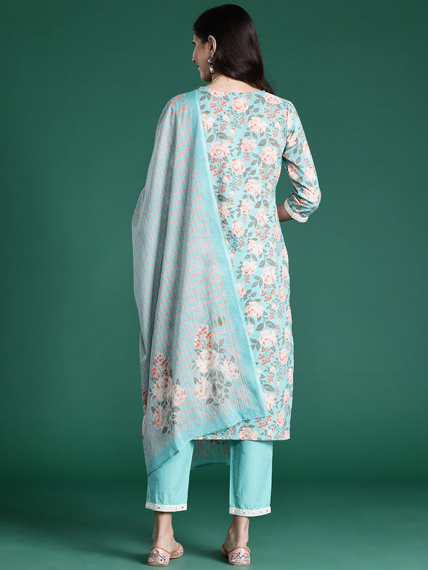 Indo Era Blue Printed Straight Kurta Trousers With Dupatta set - Distacart