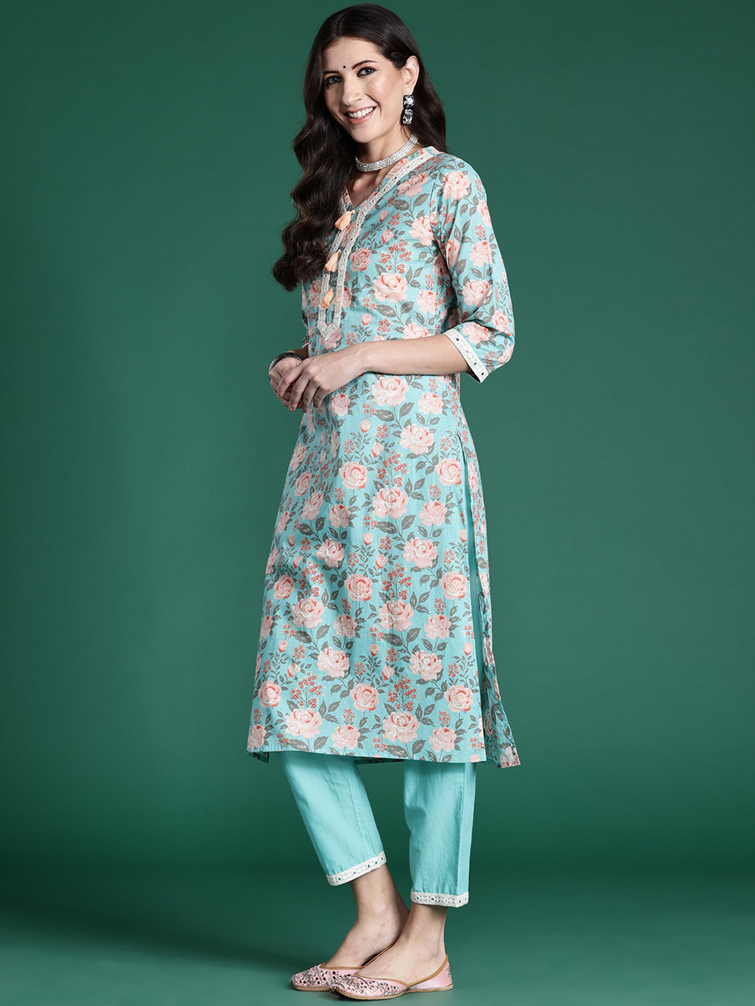 Indo Era Blue Printed Straight Kurta Trousers With Dupatta set - Distacart