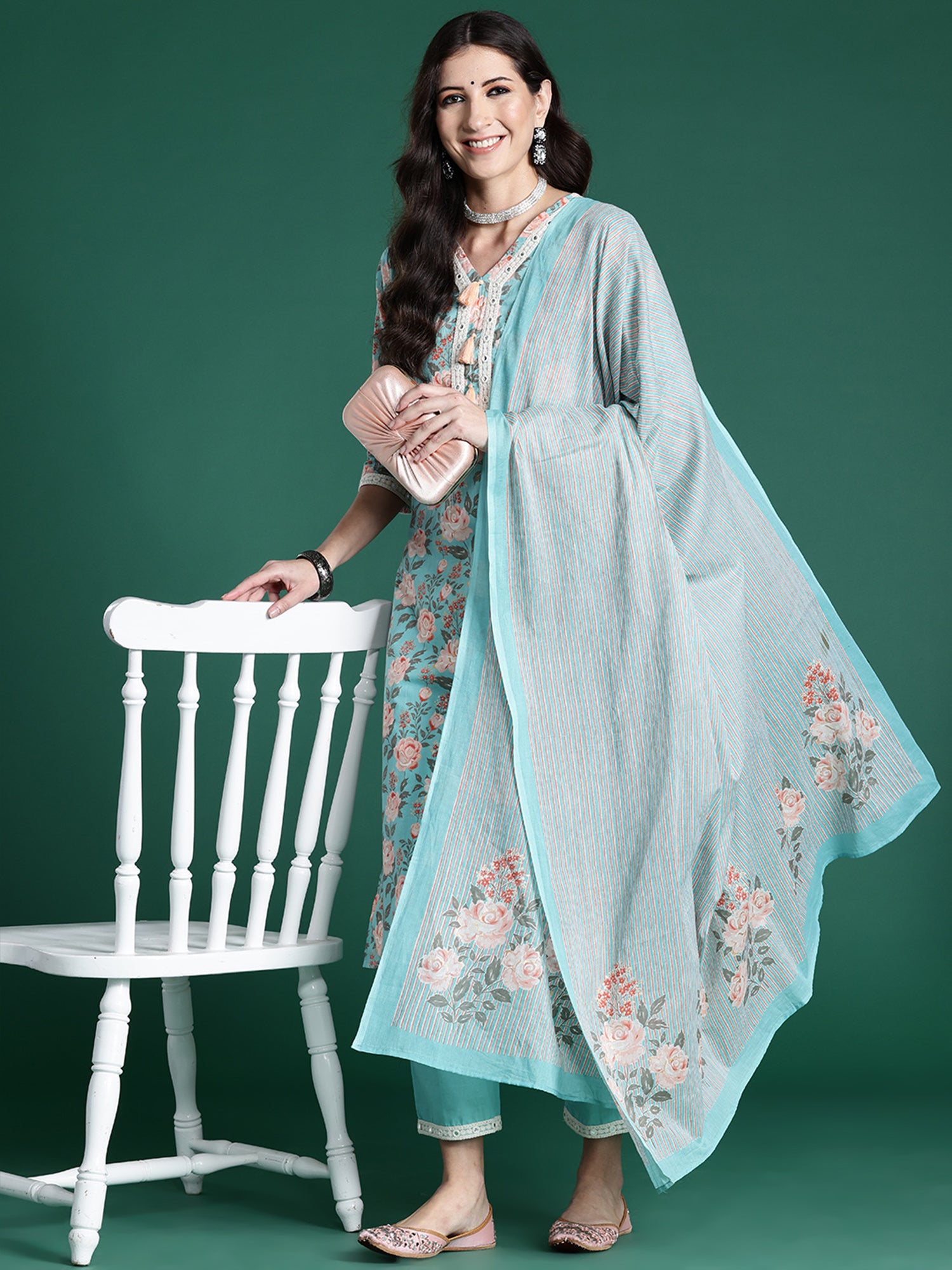 Indo Era Blue Printed Straight Kurta Trousers With Dupatta set - Distacart