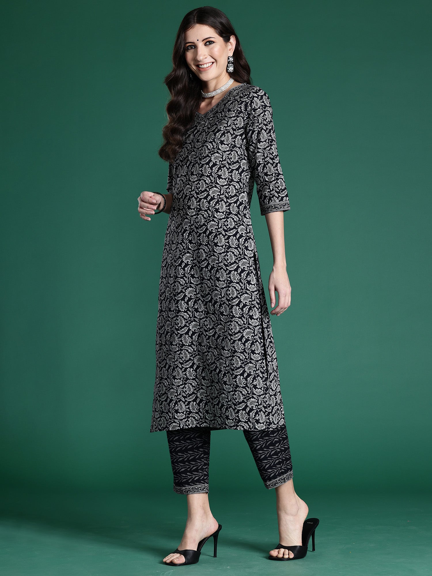 Indo Era Black Printed Straight Kurta Trousers With Dupatta set - Distacart