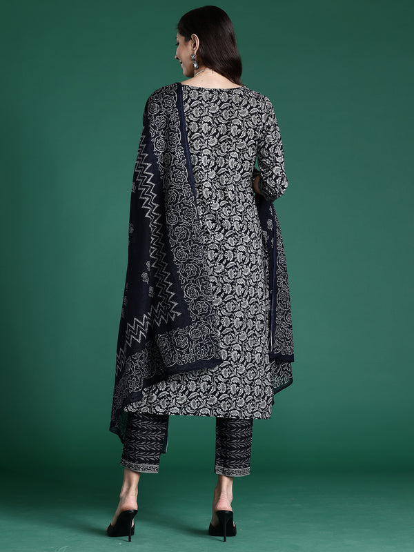 Indo Era Black Printed Straight Kurta Trousers With Dupatta set - Distacart