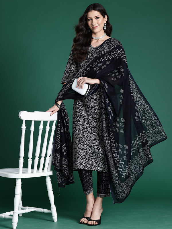 Indo Era Black Printed Straight Kurta Trousers With Dupatta set - Distacart