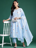 Thumbnail for Indo Era Blue Embroidered Straight Kurta Trousers With Dupatta set - Distacart