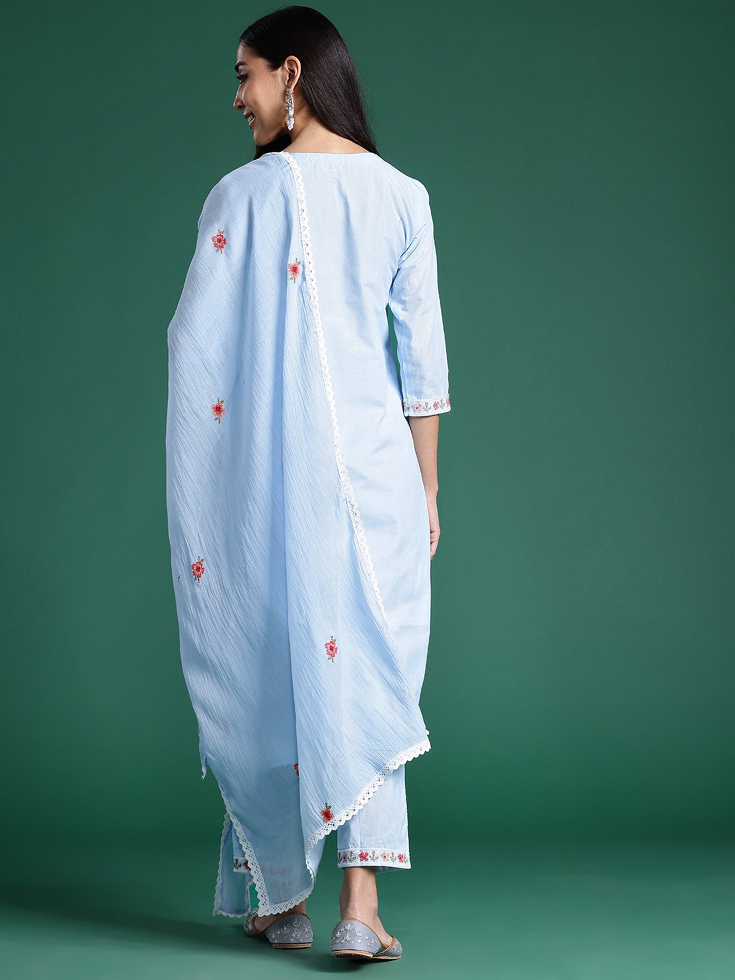 Indo Era Blue Embroidered Straight Kurta Trousers With Dupatta set - Distacart