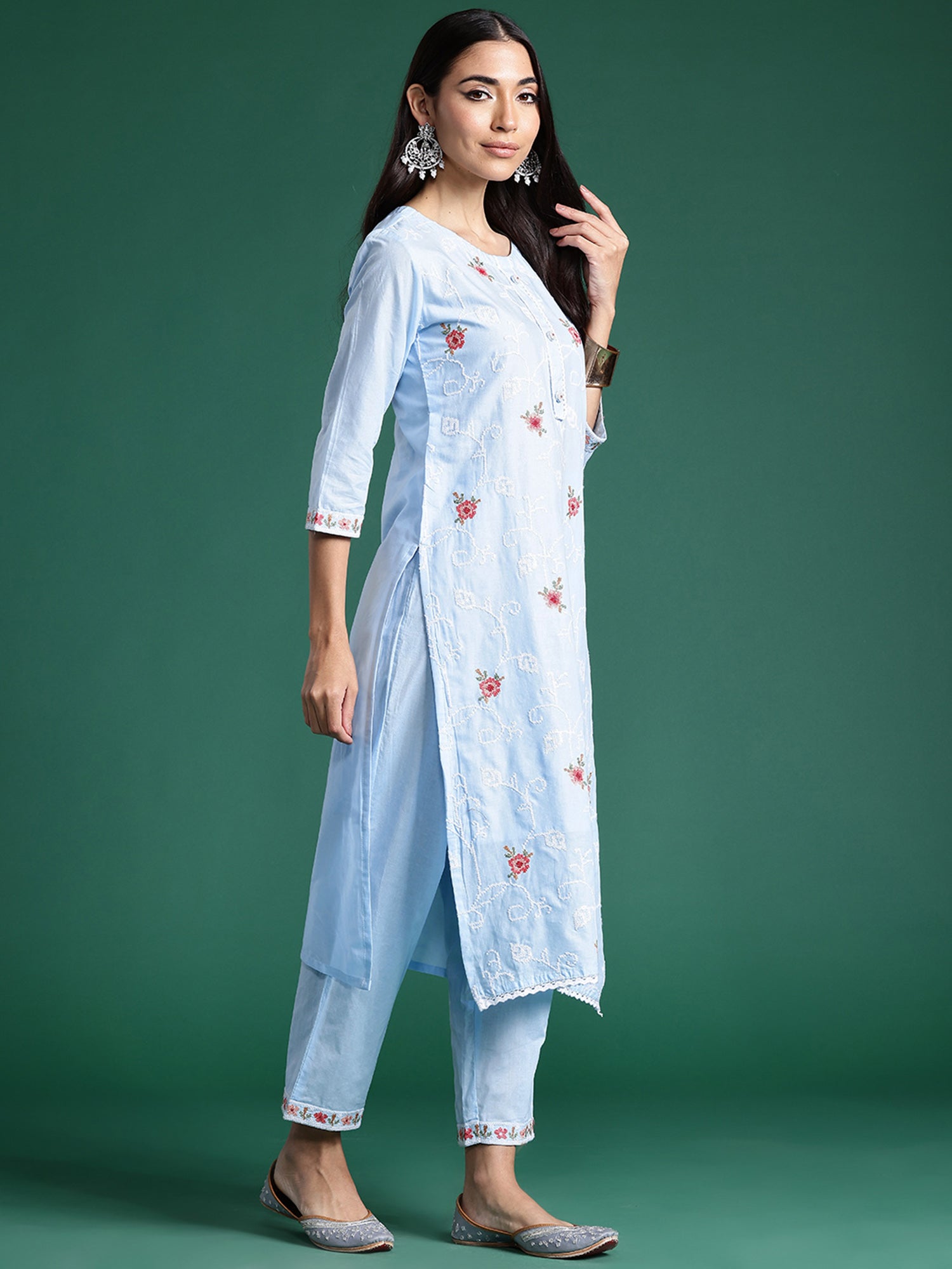 Indo Era Blue Embroidered Straight Kurta Trousers With Dupatta set - Distacart