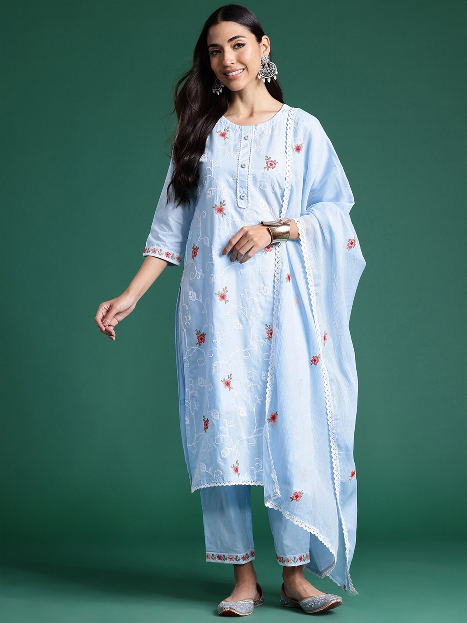 Indo Era Blue Embroidered Straight Kurta Trousers With Dupatta set - Distacart