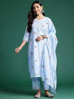 Thumbnail for Indo Era Blue Embroidered Straight Kurta Trousers With Dupatta set - Distacart