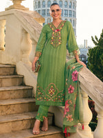 Thumbnail for Indo Era Green Embroidered Straight Kurta Trousers With Dupatta set - Distacart