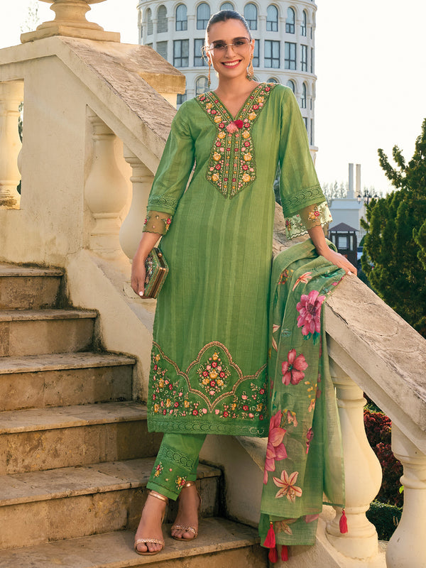 Indo Era Green Embroidered Straight Kurta Trousers With Dupatta set - Distacart