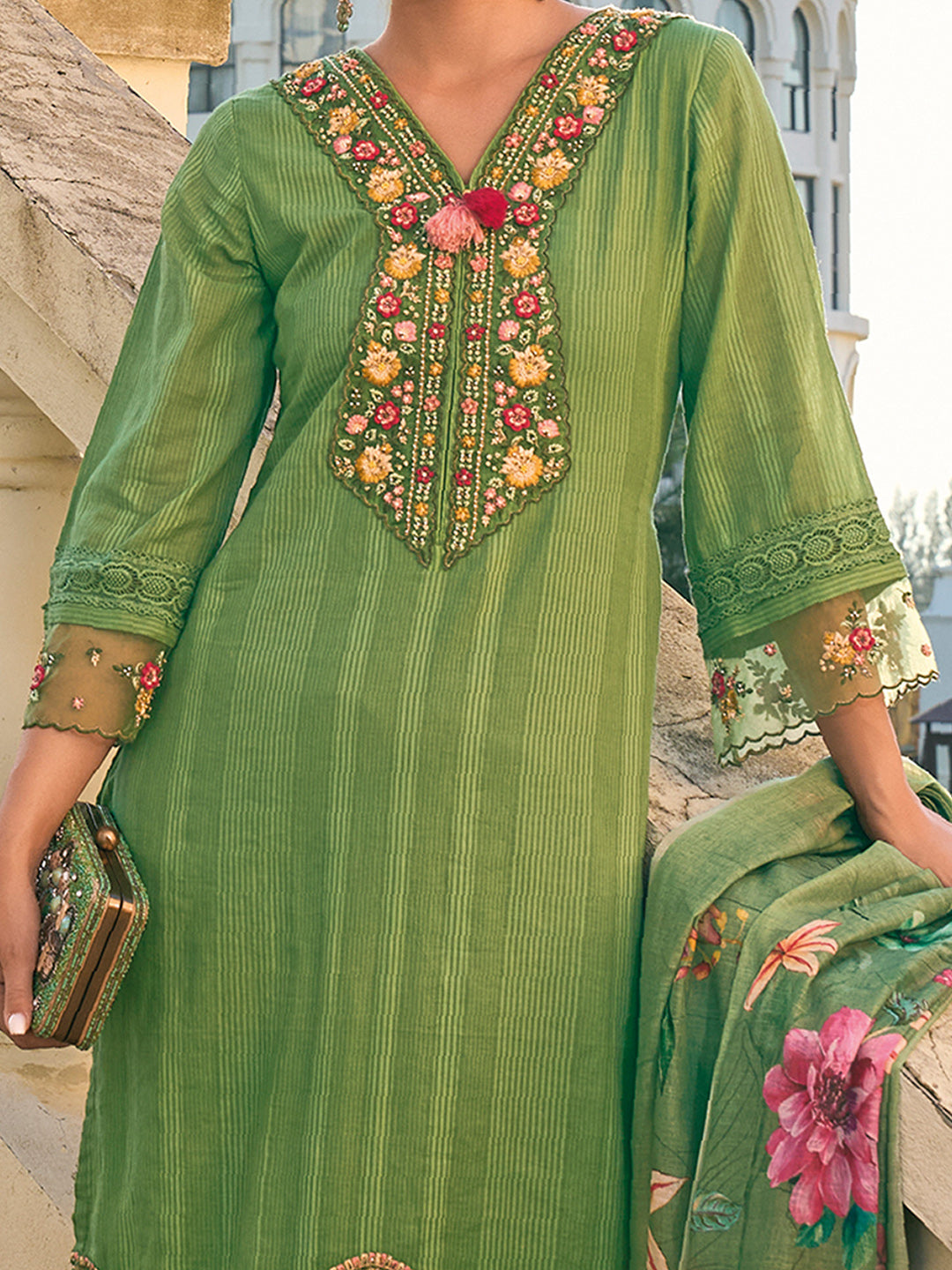 Indo Era Green Embroidered Straight Kurta Trousers With Dupatta set - Distacart