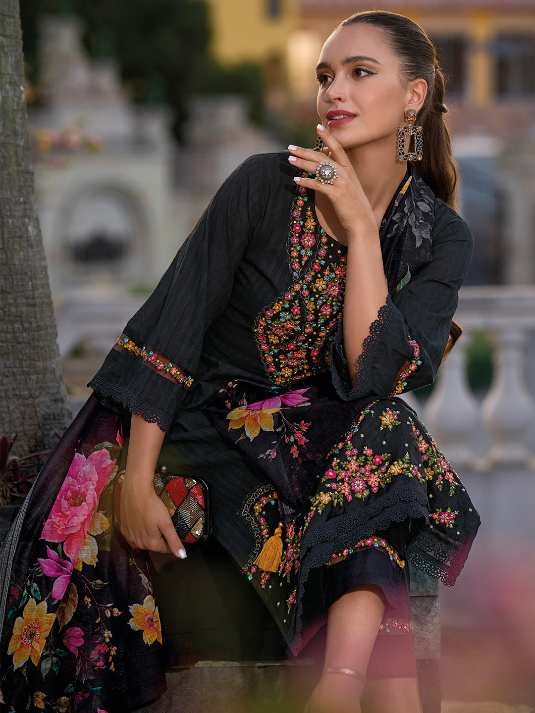 Indo Era Black Embroidered Straight Kurta Trousers With Dupatta set - Distacart