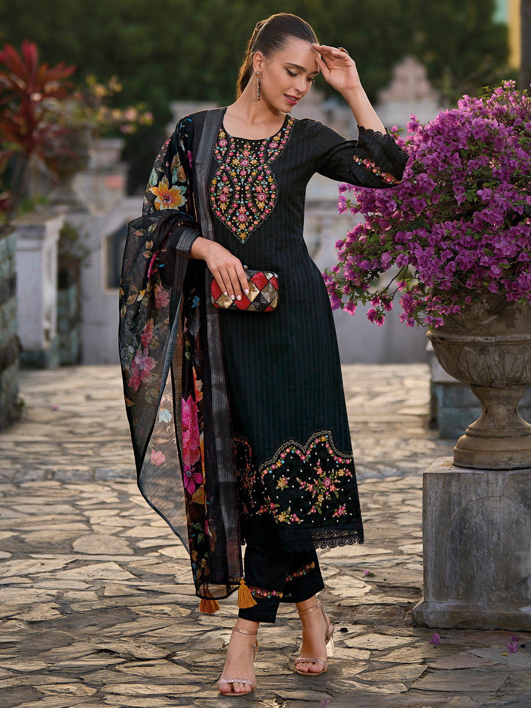 Indo Era Black Embroidered Straight Kurta Trousers With Dupatta set - Distacart