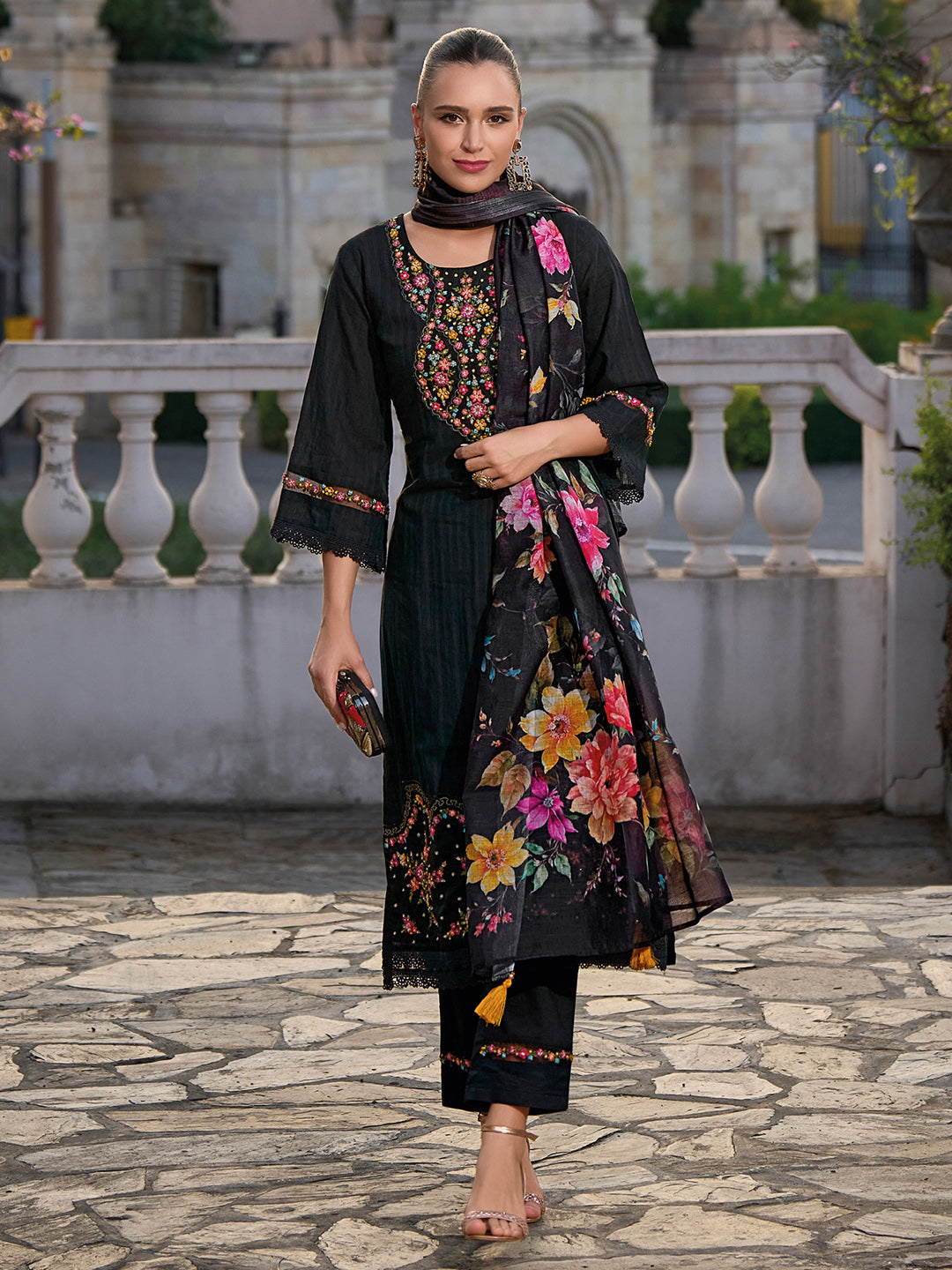 Indo Era Black Embroidered Straight Kurta Trousers With Dupatta set - Distacart