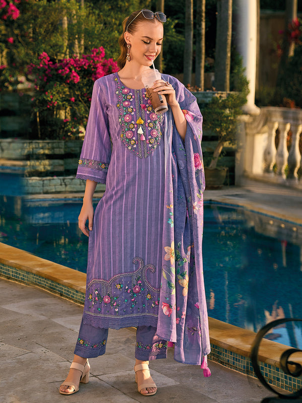Indo Era Purple Embroidered Straight Kurta Trousers With Dupatta set - Distacart