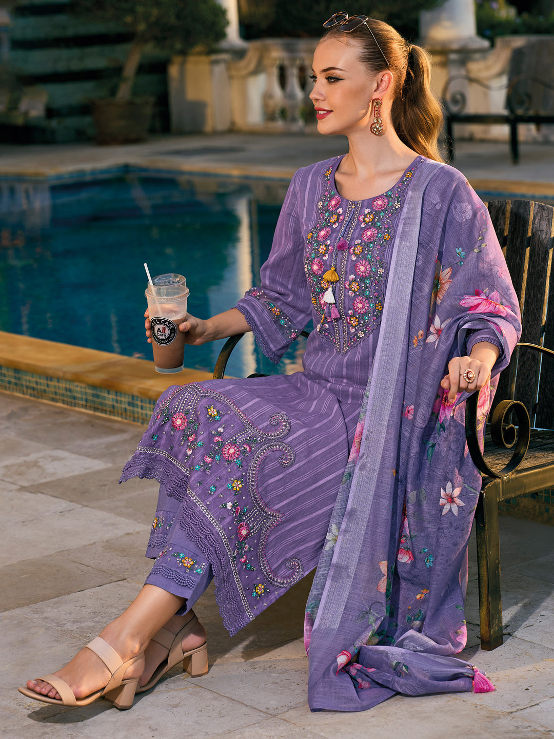 Indo Era Purple Embroidered Straight Kurta Trousers With Dupatta set - Distacart