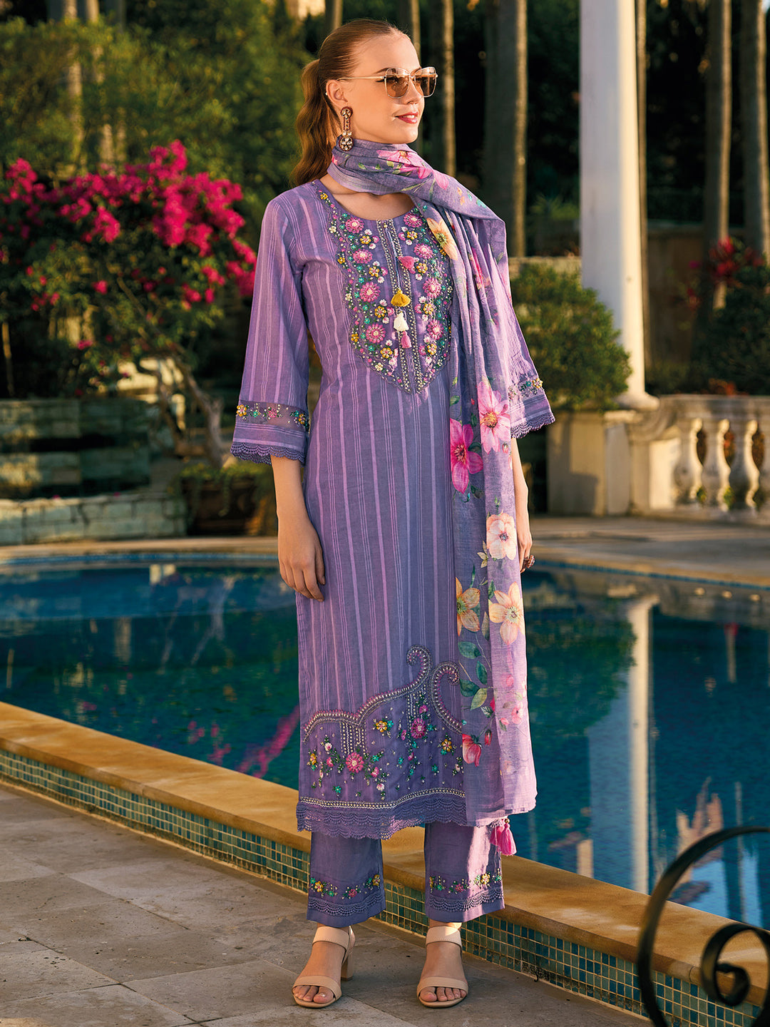 Indo Era Purple Embroidered Straight Kurta Trousers With Dupatta set - Distacart