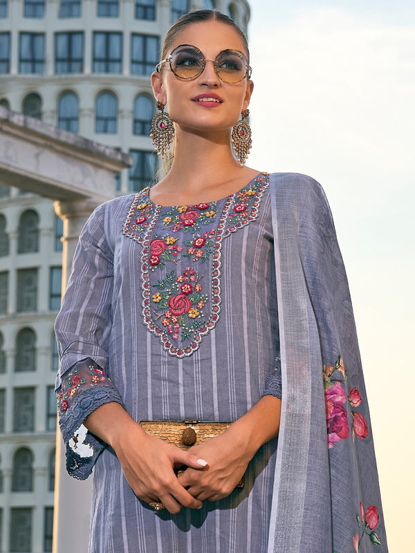 Indo Era Grey Embroidered Straight Kurta Trousers With Dupatta set - Distacart