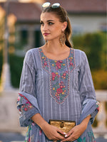 Thumbnail for Indo Era Grey Embroidered Straight Kurta Trousers With Dupatta set - Distacart