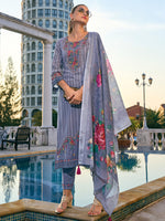 Thumbnail for Indo Era Grey Embroidered Straight Kurta Trousers With Dupatta set - Distacart