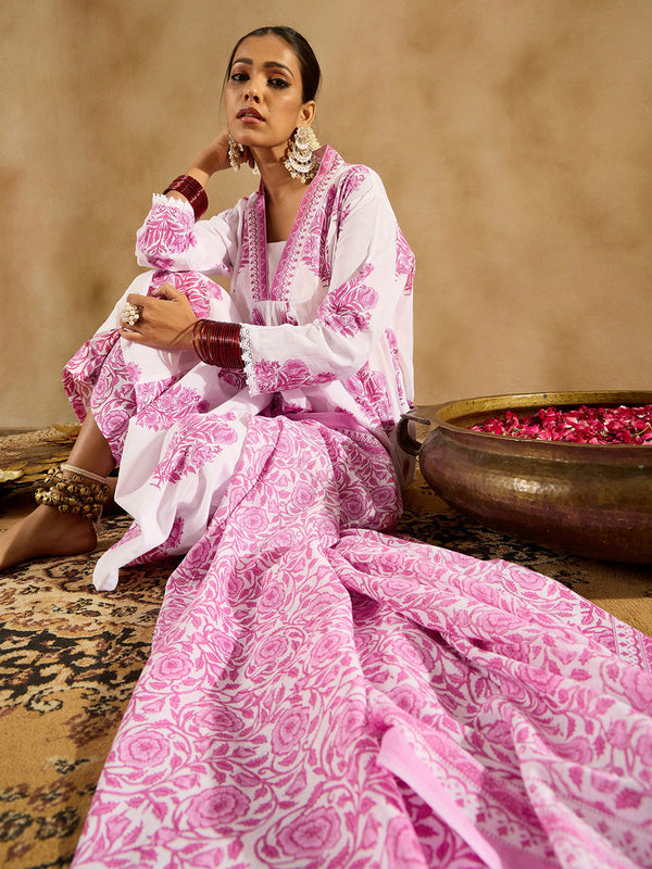 Indo Era White Printed A-Line Kurta Palazzos With Dupatta set - Distacart