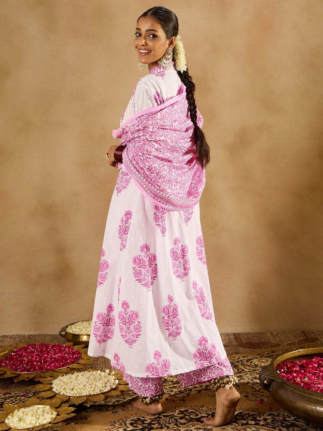 Indo Era White Printed A-Line Kurta Palazzos With Dupatta set - Distacart