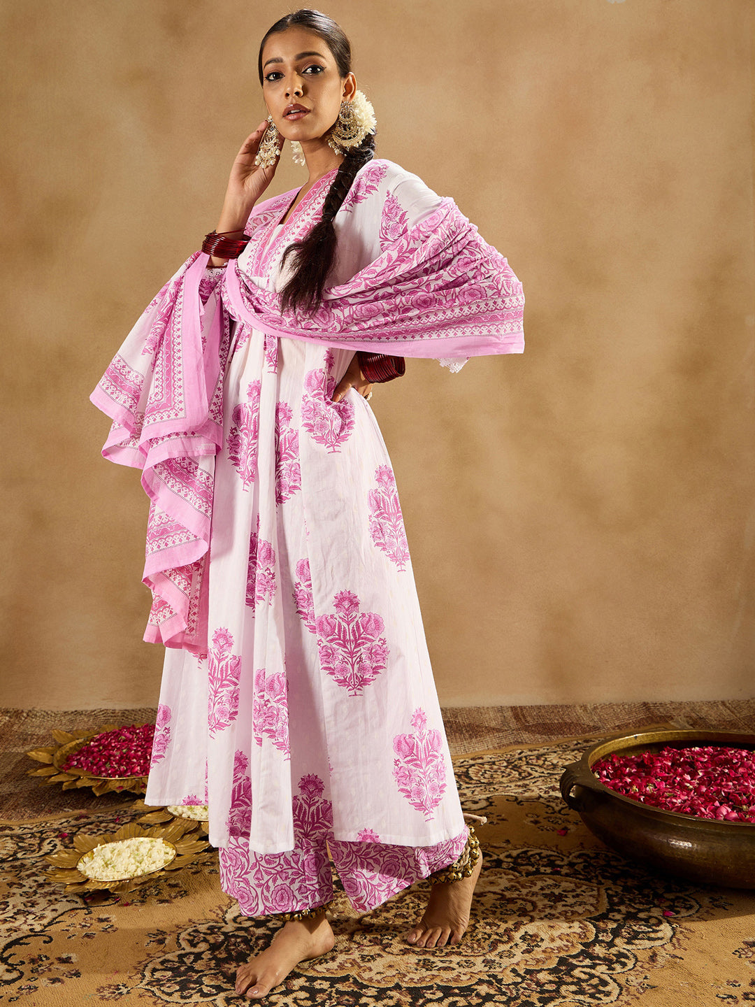 Indo Era White Printed A-Line Kurta Palazzos With Dupatta set - Distacart