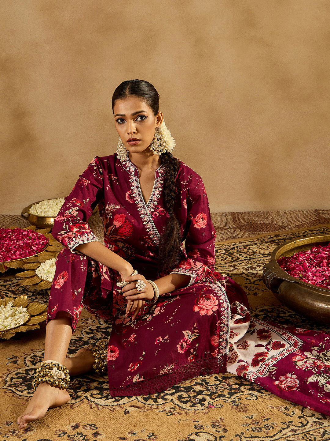 Indo Era Burgundy Printed Straight Kurta Trousers With Dupatta set - Distacart