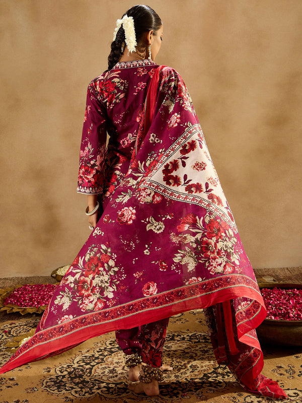 Indo Era Burgundy Printed Straight Kurta Trousers With Dupatta set - Distacart