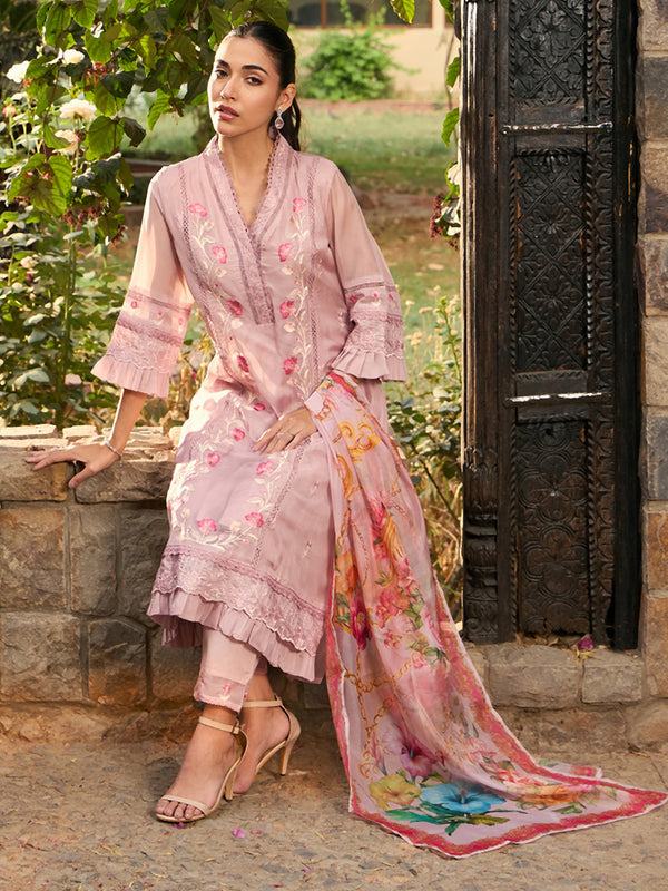 Indo Era Mauve Embroidered A-Line Kurta Trousers With Dupatta set - Distacart