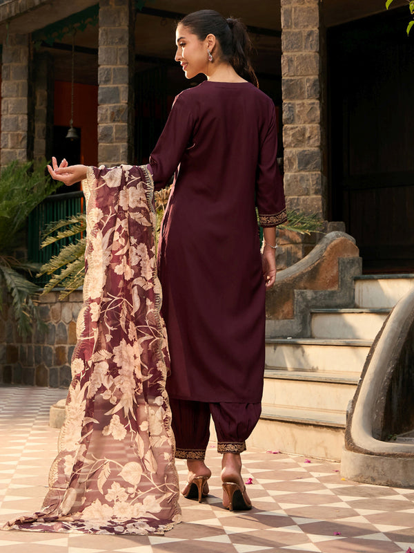 Indo Era Burgundy Embroidered Straight Kurta Salwar With Dupatta set - Distacart