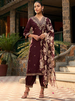 Thumbnail for Indo Era Burgundy Embroidered Straight Kurta Salwar With Dupatta set - Distacart