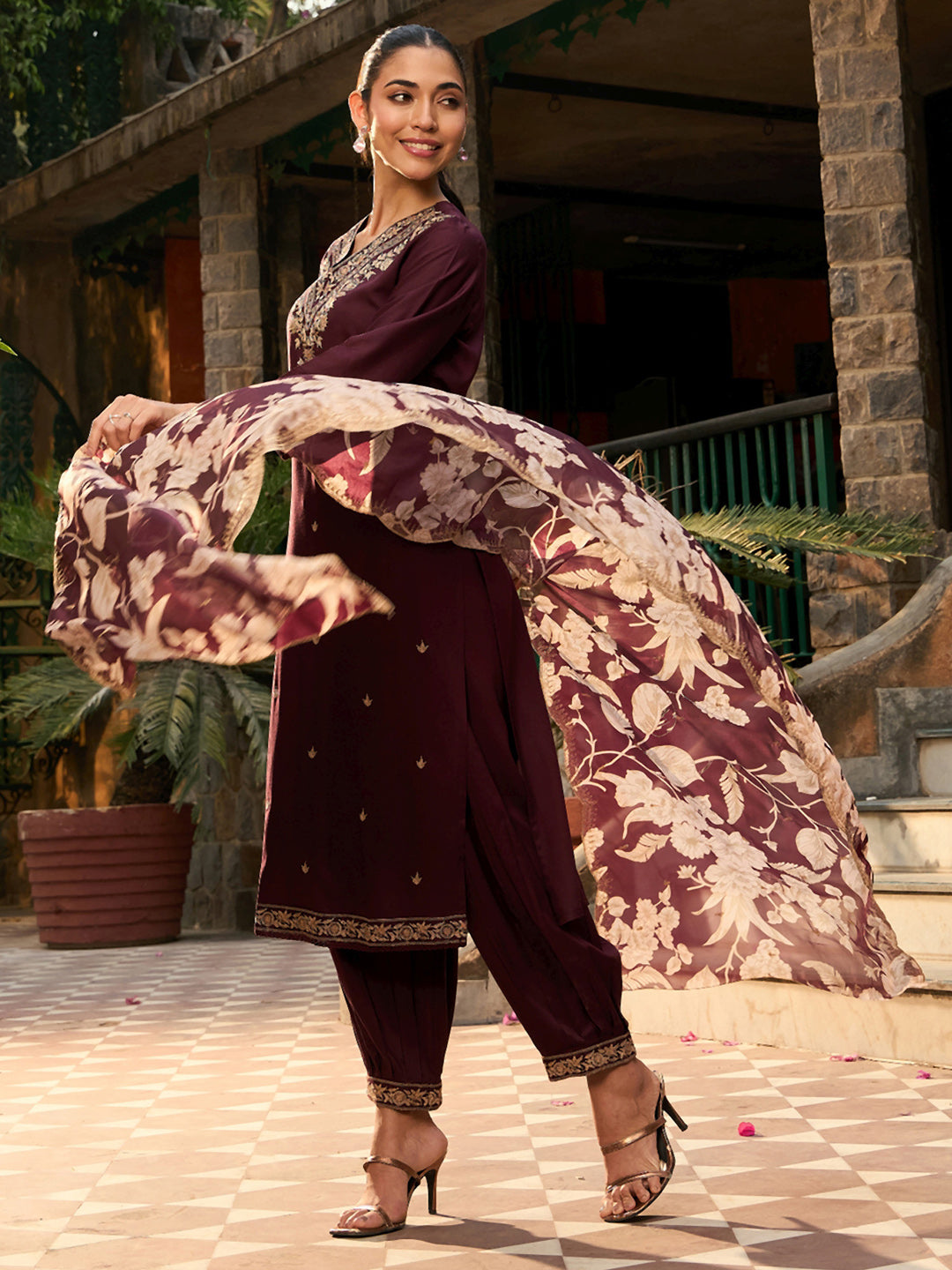 Indo Era Burgundy Embroidered Straight Kurta Salwar With Dupatta set - Distacart