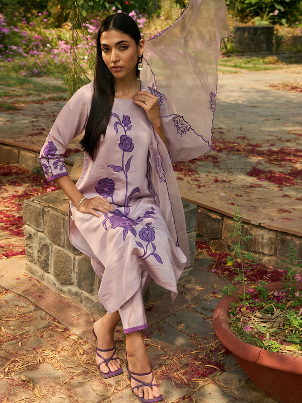 Indo Era Purple Embroidered Straight Kurta Trousers With Dupatta set - Distacart