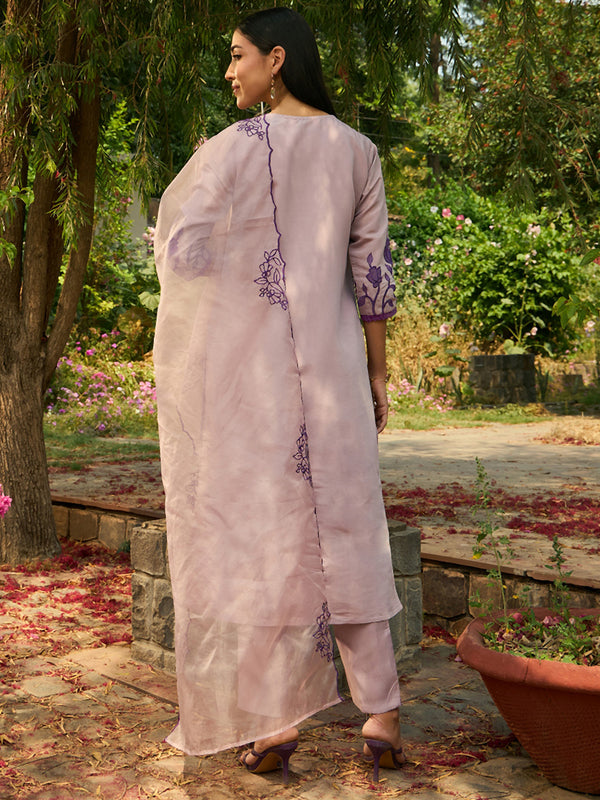 Indo Era Purple Embroidered Straight Kurta Trousers With Dupatta set - Distacart