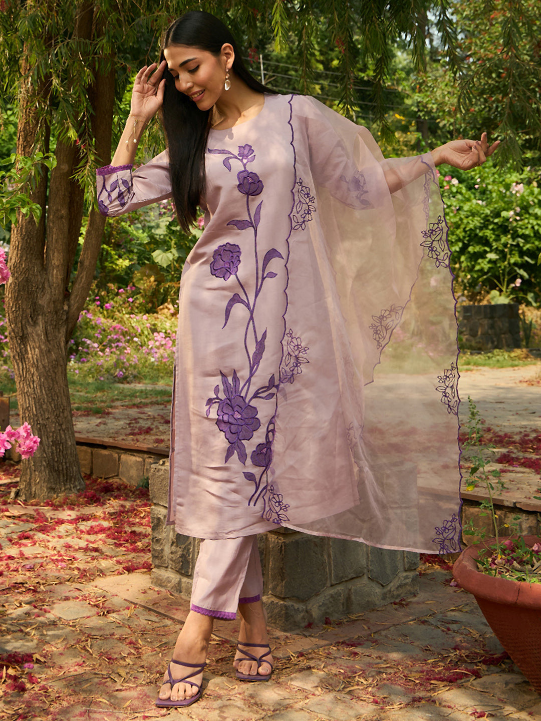 Indo Era Purple Embroidered Straight Kurta Trousers With Dupatta set - Distacart