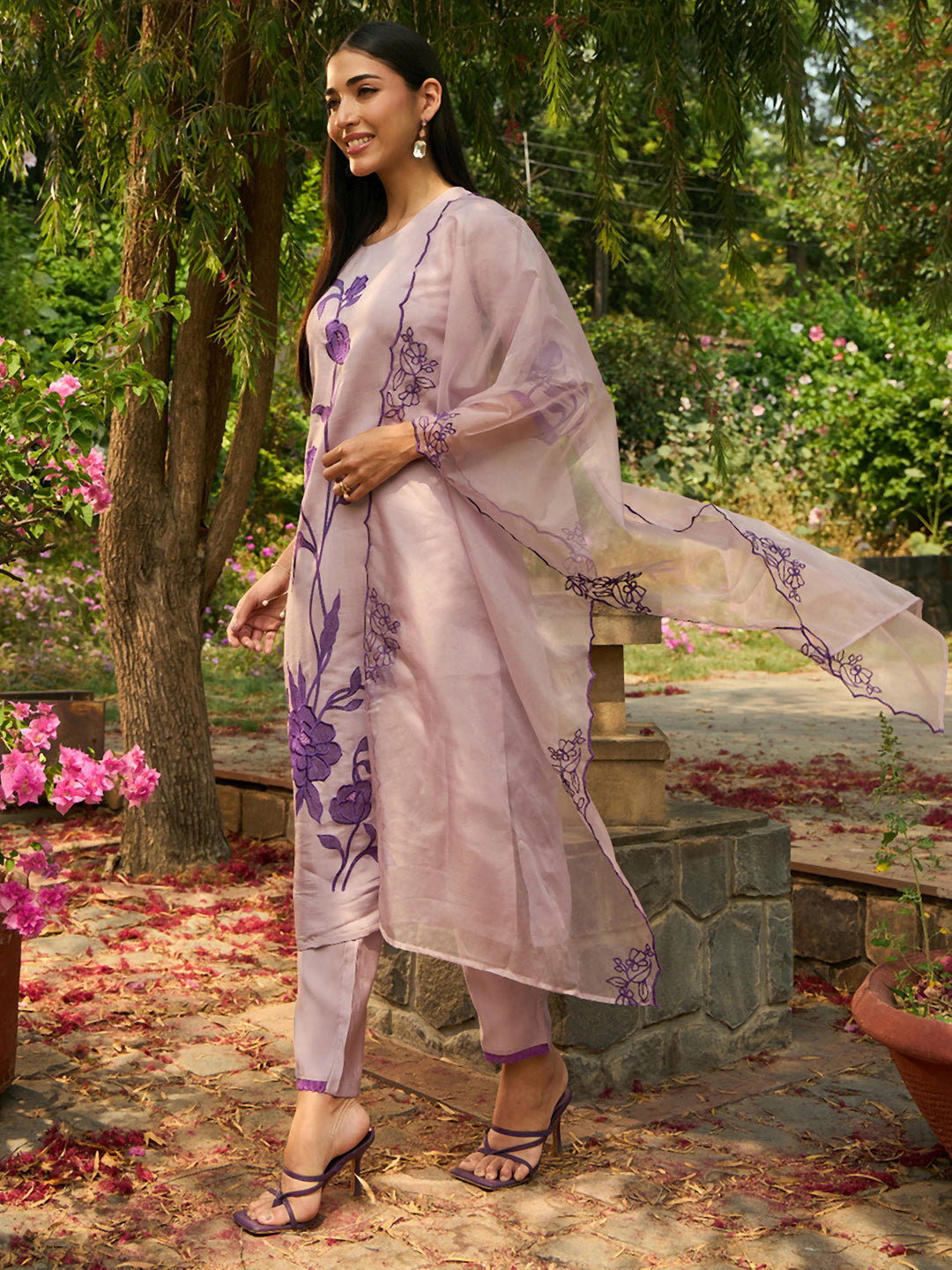 Indo Era Purple Embroidered Straight Kurta Trousers With Dupatta set - Distacart