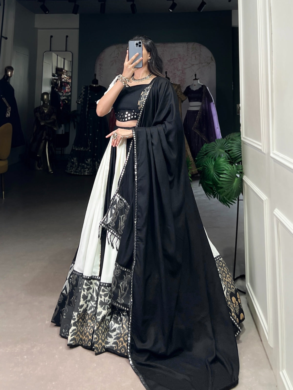 Lorenvalley Black Pure Rayon with Plain And Printed With Paper Mirror Work Lace And Gota Patti Touch Up Lehenga Choli - Distacart