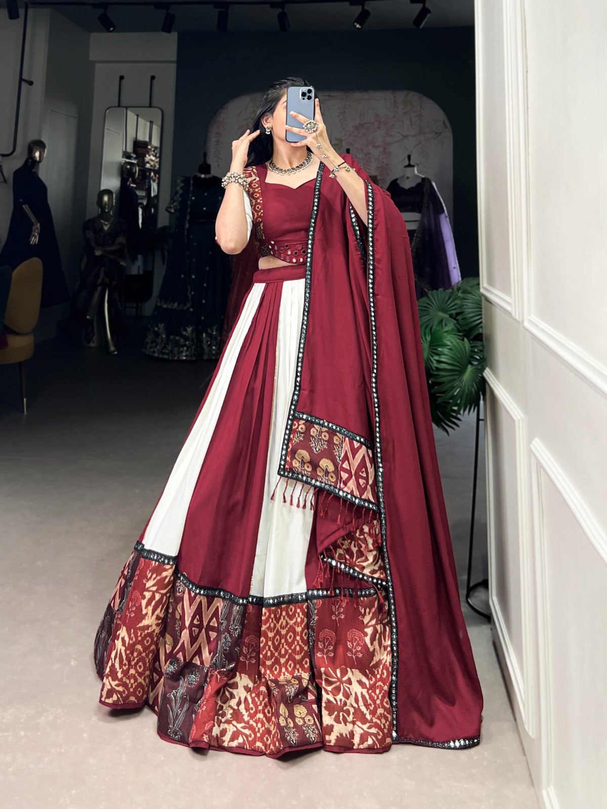Lorenvalley Maroon Pure Rayon with Plain And Printed With Paper Mirror Work Lace And Gota Patti Touch Up Lehenga Choli - Distacart