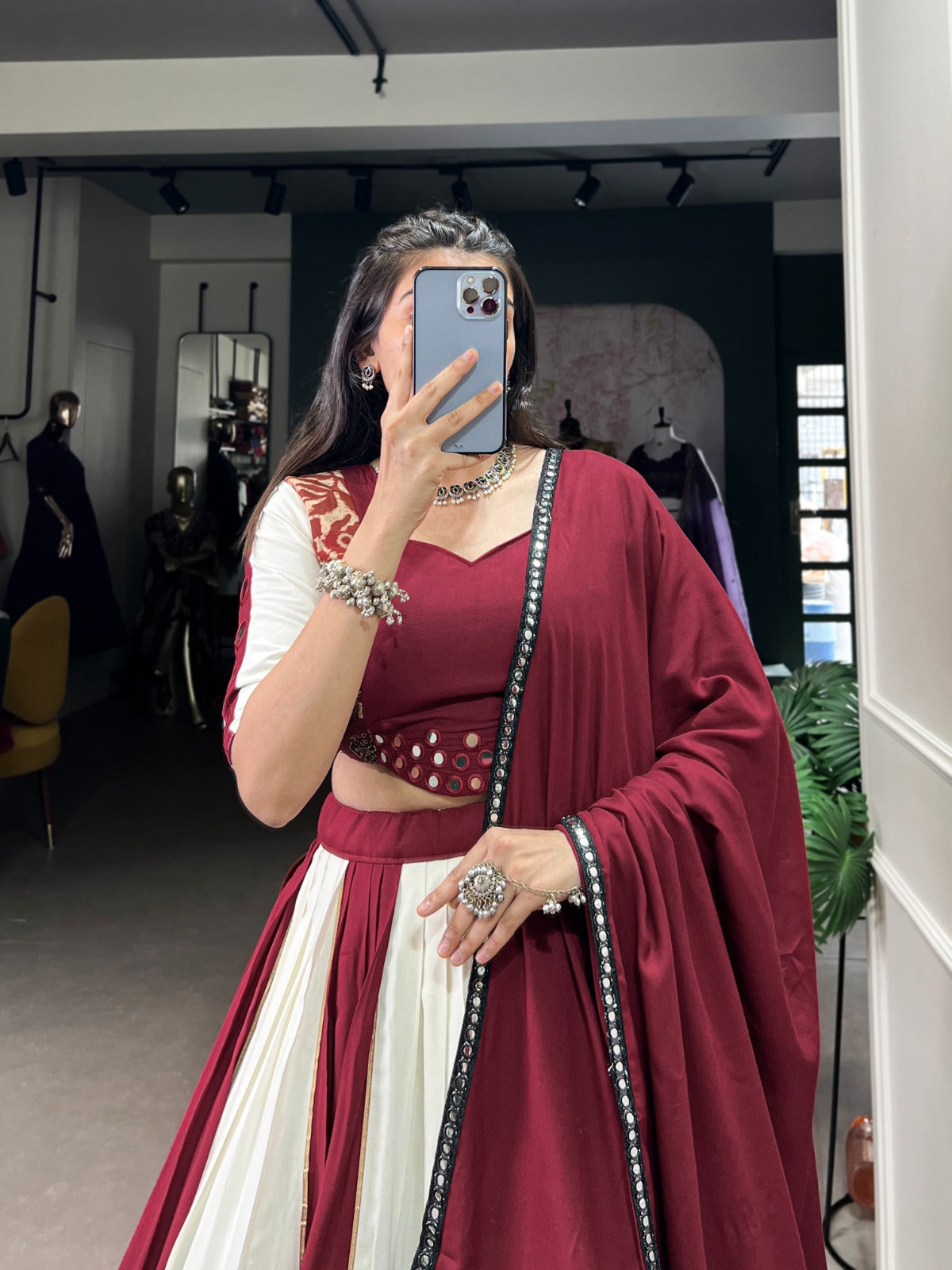 Lorenvalley Maroon Pure Rayon with Plain And Printed With Paper Mirror Work Lace And Gota Patti Touch Up Lehenga Choli - Distacart