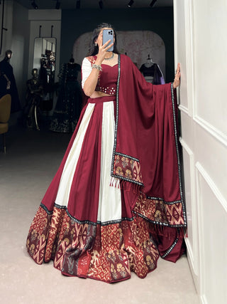 Lorenvalley Maroon Pure Rayon with Plain And Printed With Paper Mirror Work Lace And Gota Patti Touch Up Lehenga Choli - Distacart