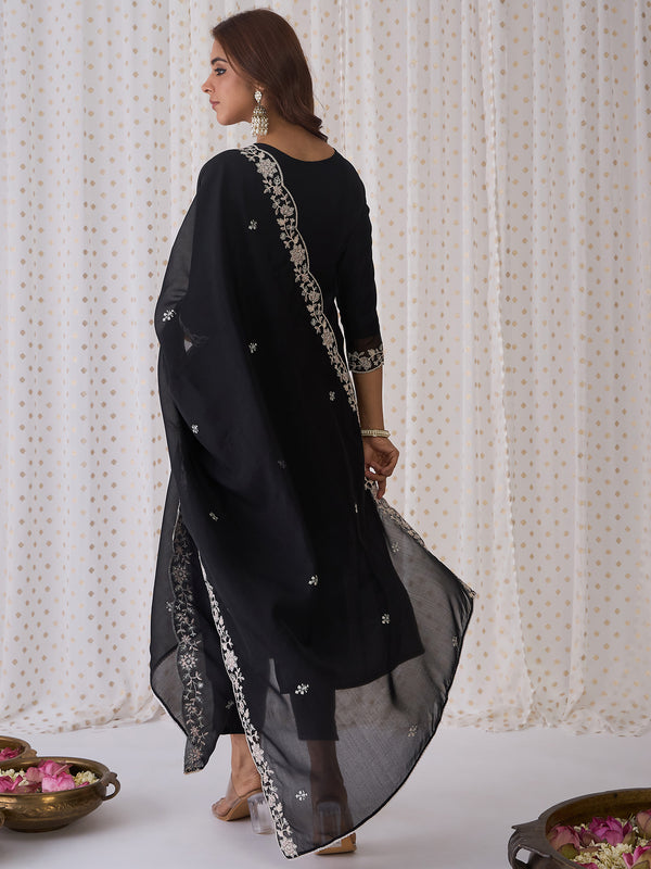 Indo Era Black Embroidered Straight Kurta Trousers With Dupatta Set - Distacart