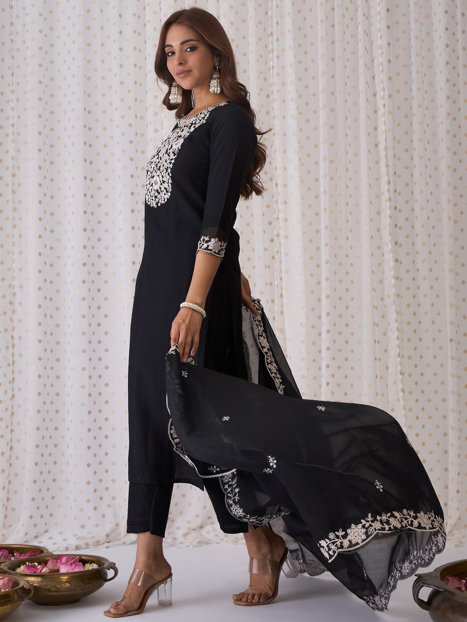 Indo Era Black Embroidered Straight Kurta Trousers With Dupatta Set - Distacart