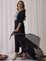 Thumbnail for Indo Era Black Embroidered Straight Kurta Trousers With Dupatta Set - Distacart