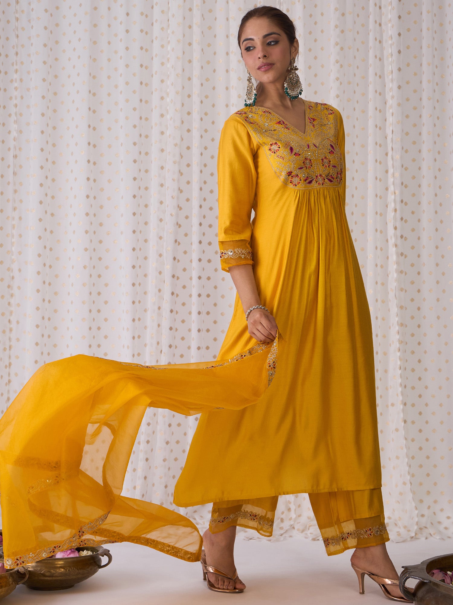 Indo Era Yellow Embroidered A-Line Kurta Palazzos With Dupatta set - Distacart