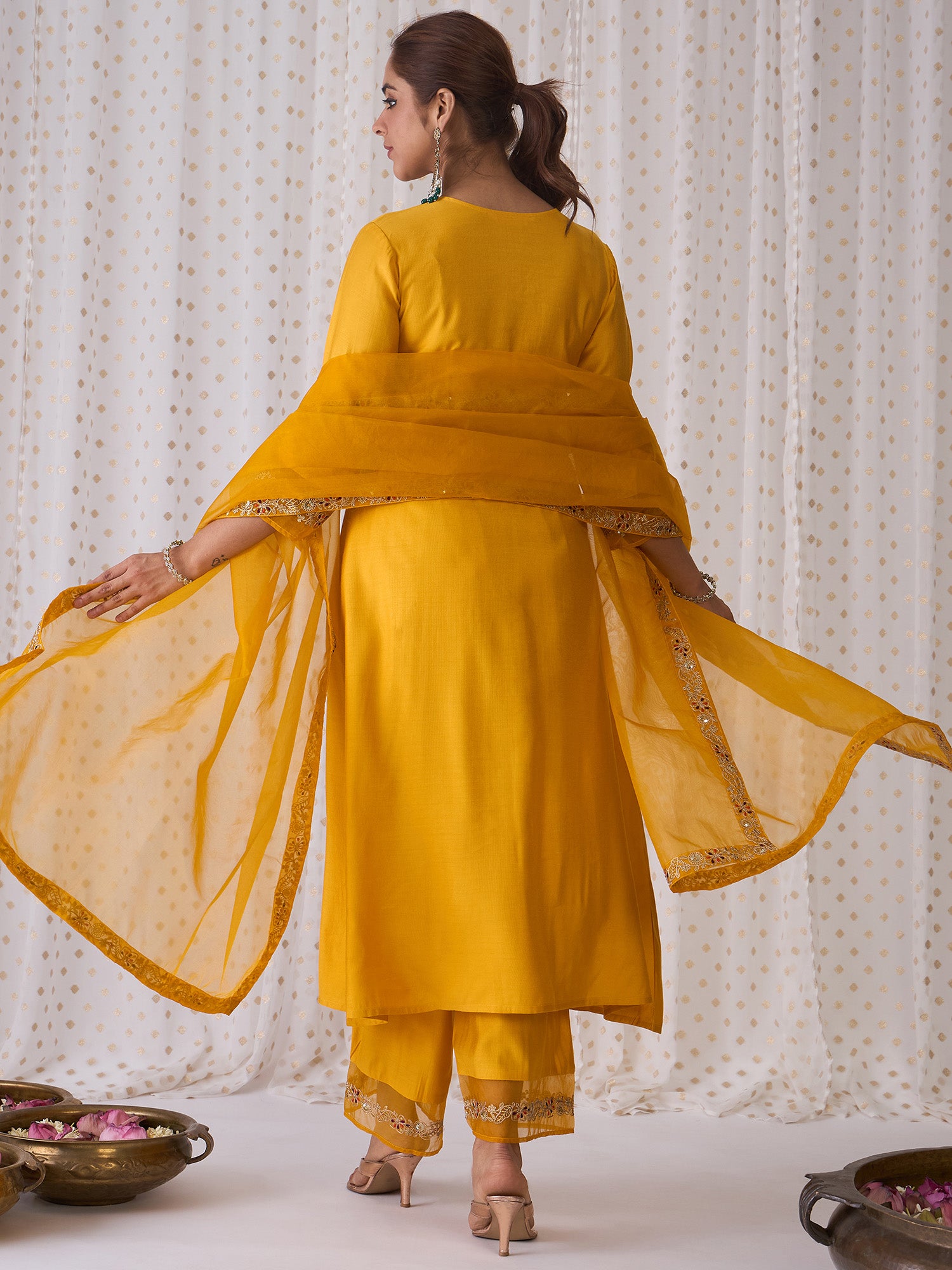 Indo Era Yellow Embroidered A-Line Kurta Palazzos With Dupatta set - Distacart