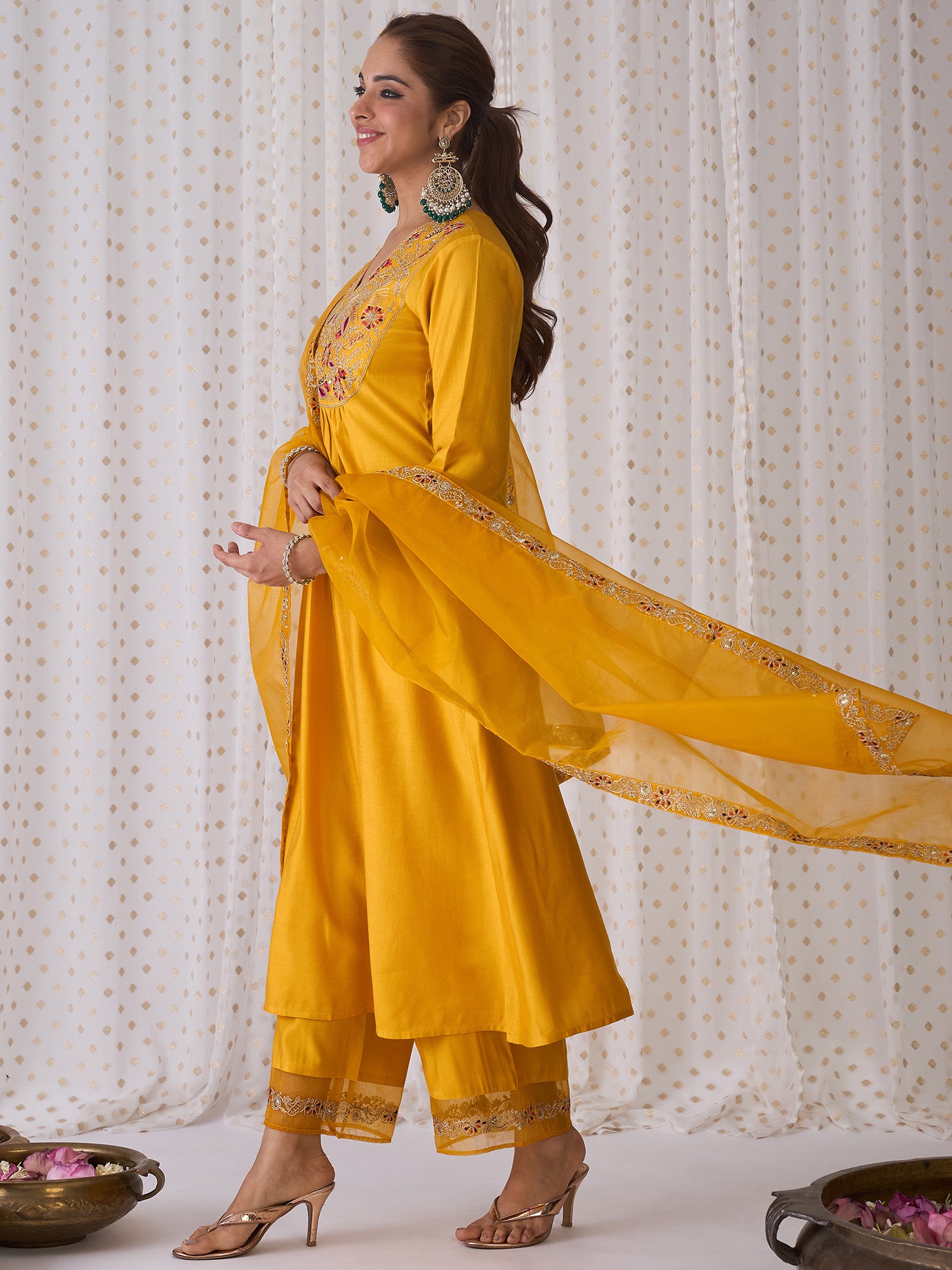Indo Era Yellow Embroidered A-Line Kurta Palazzos With Dupatta set - Distacart
