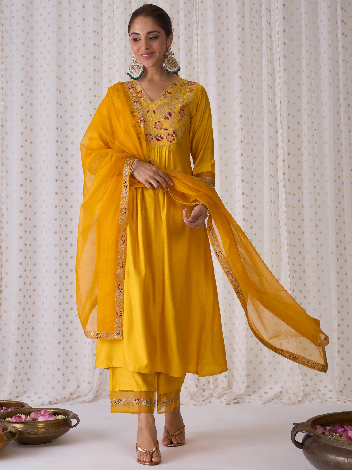 Indo Era Yellow Embroidered A-Line Kurta Palazzos With Dupatta set - Distacart