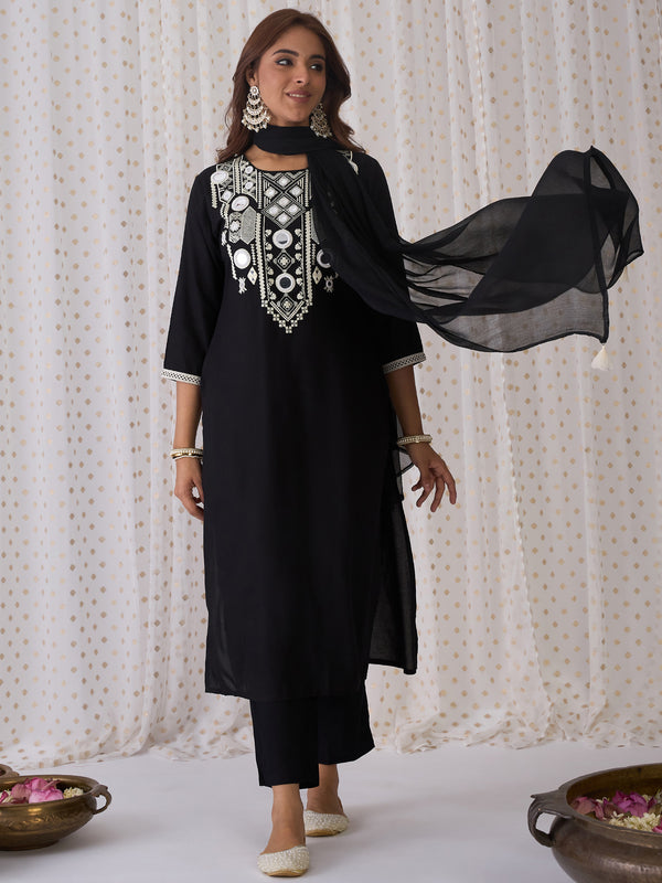 Indo Era Black Embroidered Straight Kurta Trousers With Dupatta set - Distacart