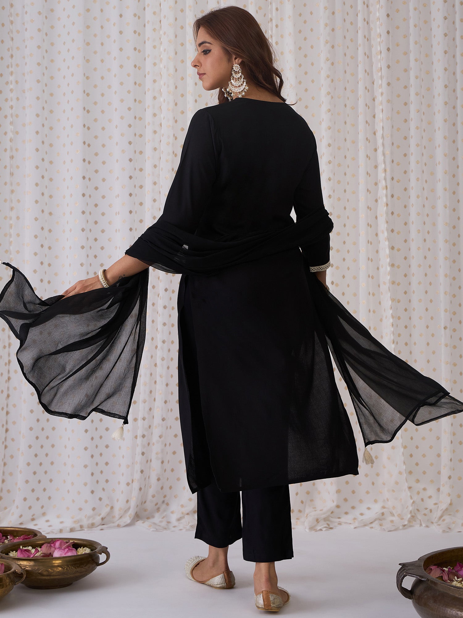 Indo Era Black Embroidered Straight Kurta Trousers With Dupatta set - Distacart